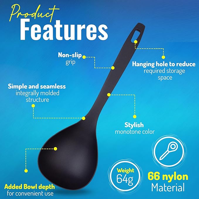 Cooking Spoon 12.2” – Lightweight Nylon Ladle, Non-Slip Grip, BPA-Free, Heat-Resistant 410°F, Nonstick Safe, Made in Japan