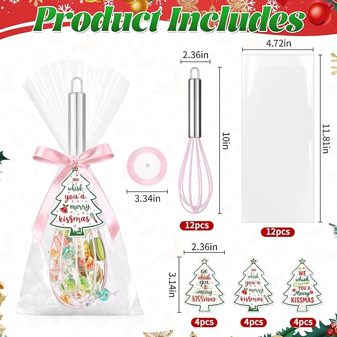12 Sets 10 Inch Christmas Whisk Baking Gifts, DIY Fillable Christmas Tree Ornaments, Xmas Colored Silicone Whisks for Xmas Employee Neighbor Cooking Supplies Xmas Stocking Stuffers Candy Holder