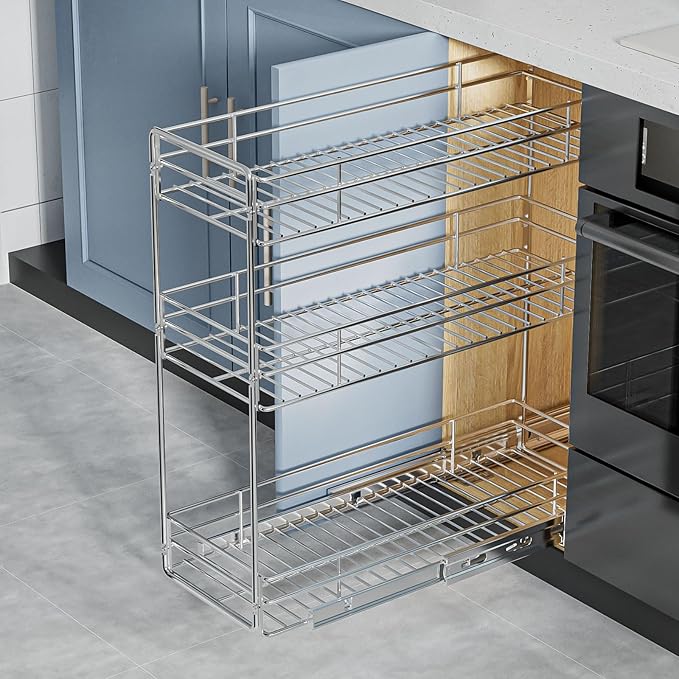 ROOMTEC Pull Out Spice Rack for Narrow Cabinet (8½" W X 20½" D),3 Tier Slide Out Cabinet Organizer and Pull Out Shelves Under Cabinet Storage for Kitchen, Chrome