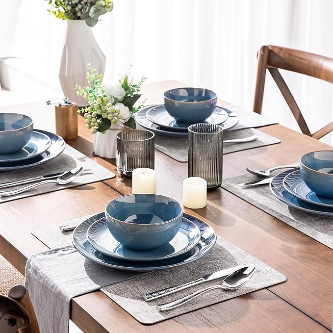GBHOME Ceramic Dinnerware Sets for 4, 12 Pieces Stoneware Plates and Bowls Sets, Reactive Glaze Dishes -Scratch Resistant, Dishwasher&Microwave Safe-Alaskan Blue