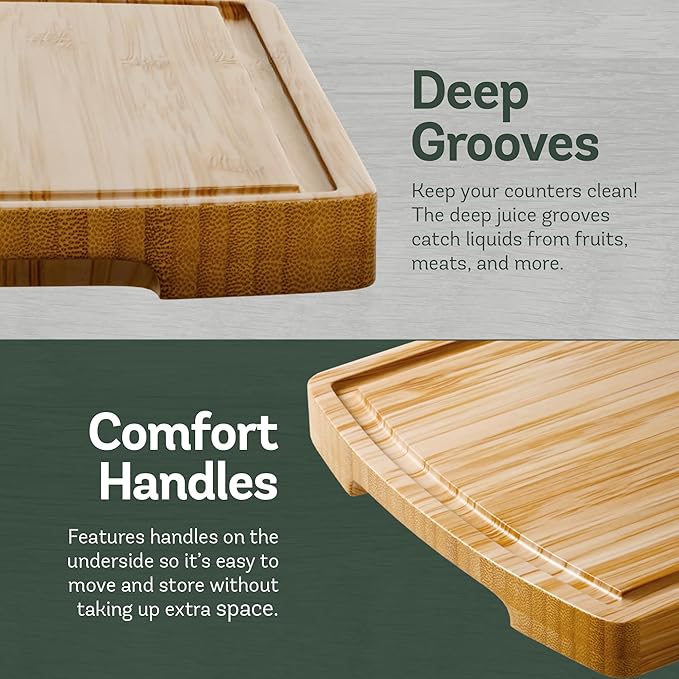 Wood Cutting Boards for Kitchen - Bamboo Cutting Board Gift Set with Deep Juice Groove & Side Handles - Chopping Board Butcher Block for Meat, Vegetables, Charcuterie, Cheese, Serving, or Meal Prep
