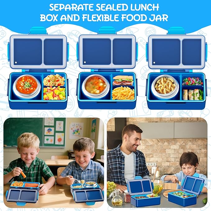 Dinosaur Bento Lunch Box for Kids – 12 oz Stainless‑Steel Soup Thermo & 3‑Compartment Leak‑Proof Food Container with Built‑In Ice Pack, Insulated Food Jar for Boys & Girls, School & Travel