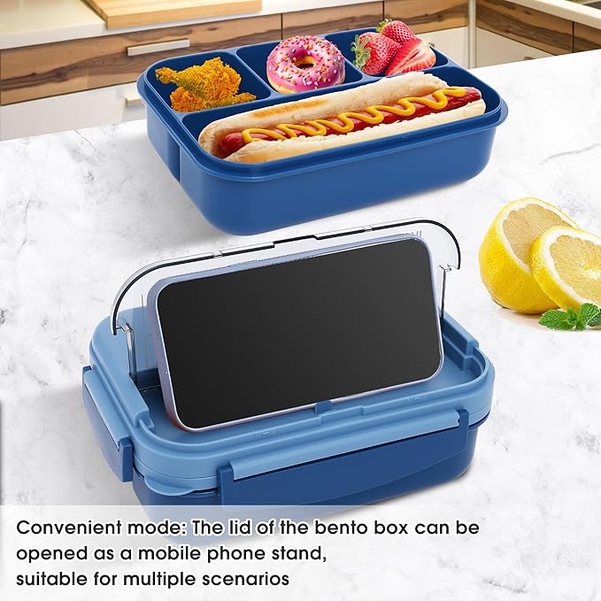 Bento box adult work lunch box, adult container, with 4 compartments, lunch container with cutlery (knife, fork, spoon, sauce box), animal fruit fork, microwave and dishwasher safe, Sky blue