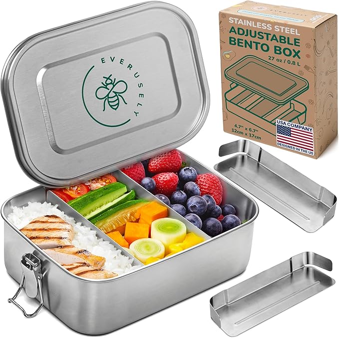 Everusely - Stainless Steel Lunch Box - 40 oz / 1.2 L, 2 Adjustable Dividers - Leakproof Snack and Salad Bento Containers for Adults - Food Storage Boxes with Lids for Work, Picnics, Travel