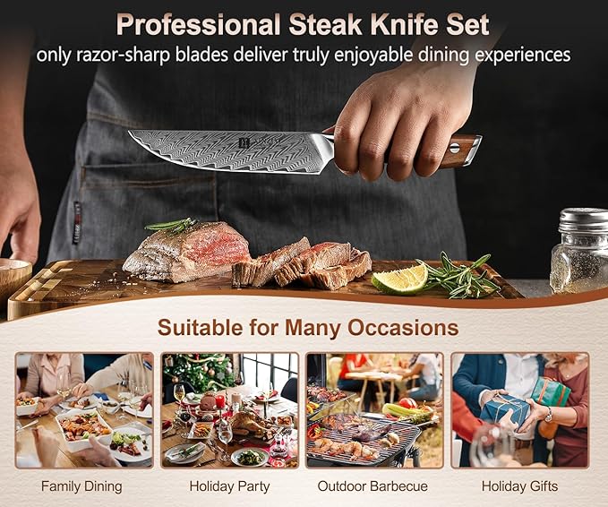 XINZUO Steak Knife Set of 4,Damascus Kitchen Steak Knife Set,5 Inch Dinner Knife Set-Table Knives,Non Serrated Steak Knives,Razor-Sharp Dinner Knives with Ergonomic Rosewood Handle,Gift Box