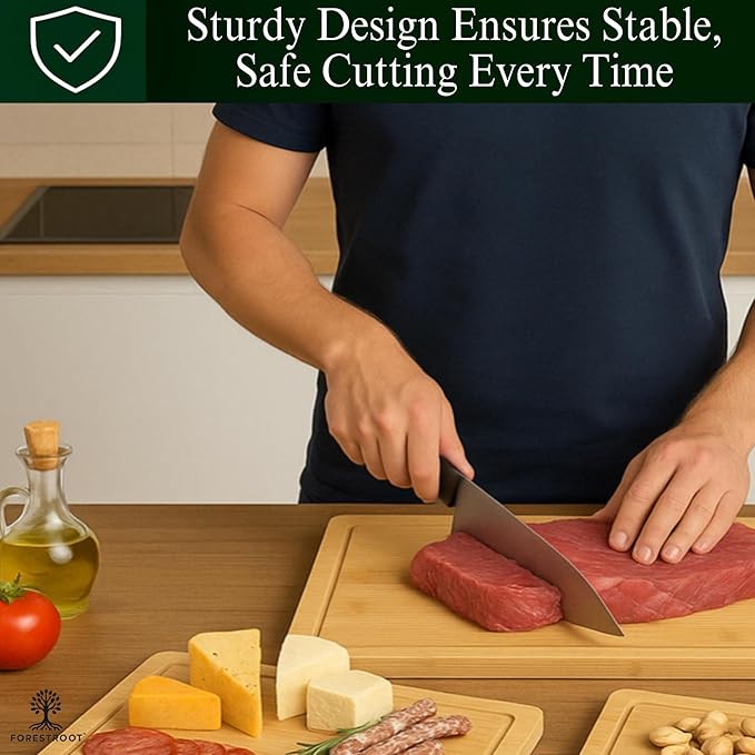 Bamboo Cutting Board Set – 3-Piece Wooden Kitchen Boards for Meal Prep & Serving – Durable Bamboo with Deep Juice Groove & Side Handles – Great for Meat, Vegetables & Charcuterie