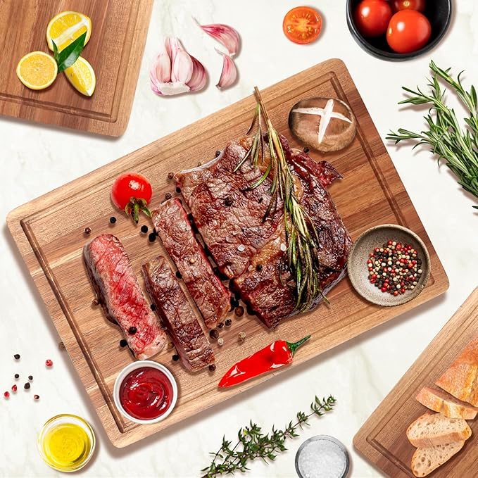 3 Pack Solid Acacia Wood Cutting Boards Set for Kitchen Meat Hardwood Chopping Board Decorative Large Charcuterie Boards Set Best Non Toxic Big Cutting Board Butcher Block Bread Serving Cheese Board