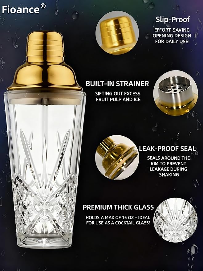 Gold Christmas & New Year Holiday Glass Cocktail&Martini Shaker-15oz, Cutting,Crafting Desgin-Exquisite for Elevated Mixology,Barware, Tableware, Kitchware, House,Espresso Funny Drink Shaker Tool.