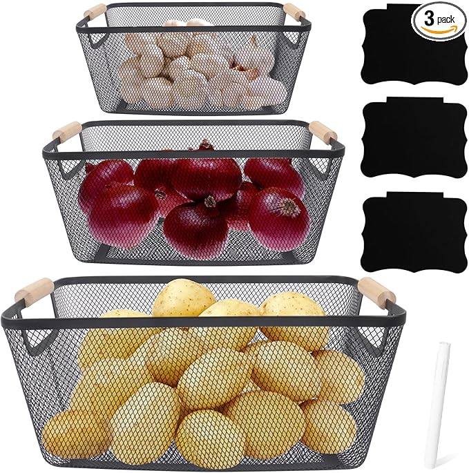 Potato and Onion Storage Bin with Garlic Bin, 3 Set Potato Bin Onion Container Garlic Keeper with Wooden Handle, Pantry Kitchen Metal Mesh Basket for Fruits, Vegetables and Produce-Black