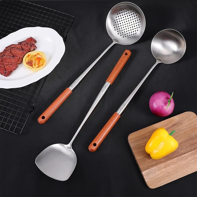 Wok Spatula and Ladle Stainless Steel, 3 PCS 17 Inches 304 Stainless Steel Spatula, Wok Ladle and Skimmer, Dishwasher Safe Cooking Utensils Kitchen Tool Set