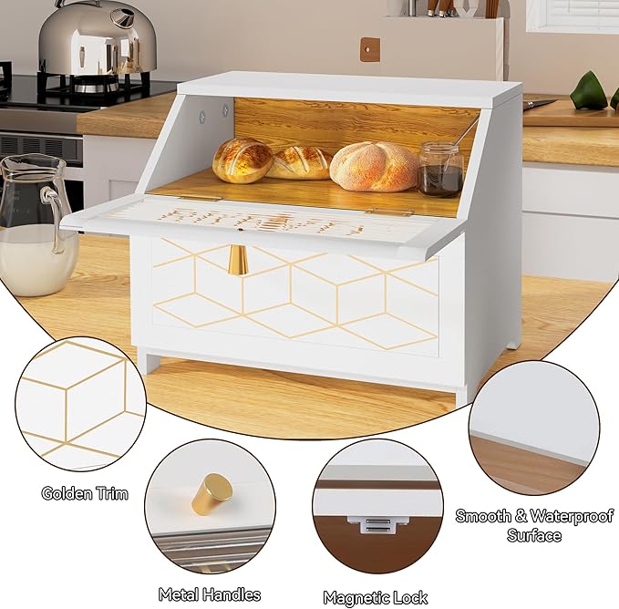 Double Layer Bread Box With Golden Trim for Countertop, Wooden Bread Container for Kitchen Counter, Corner Bread Storage (White)