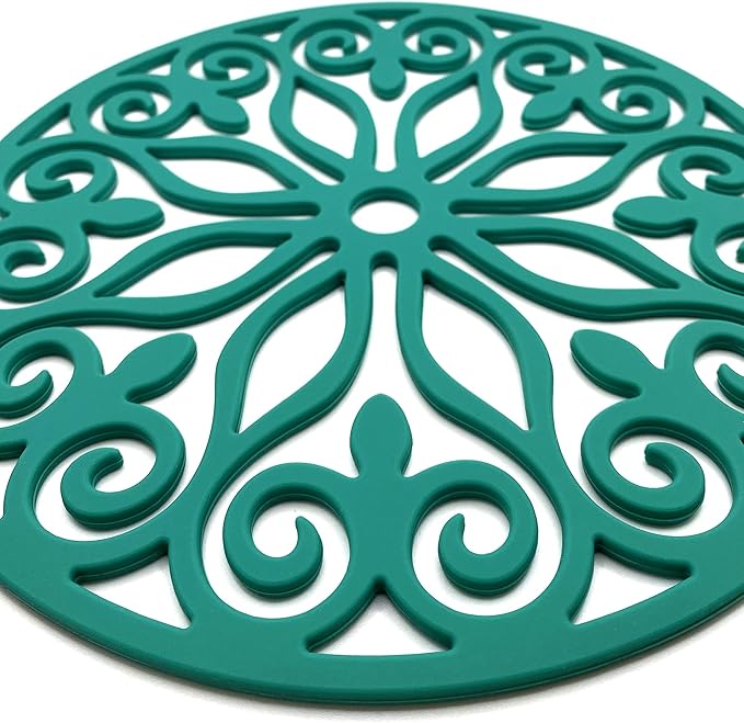 3 Set Silicone Trivet Mats with 1 Extra Large Included | Intricately Carved Insulated Flexible Durable Non Slip Thick Round Premium Trivets for Hot pots and Pans | Mint Green
