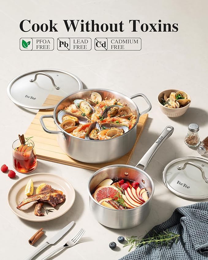 Stainless Steel Cookware Set,Tir-Ply Pots and Pans Set,10 Pcs Stainless Steel Induction Kitchen Cookware Sets,PFOA Free, Frying Pans,Saucepans,Saute Pan & Stock Tagine Pot,Compatible with All Cooktops