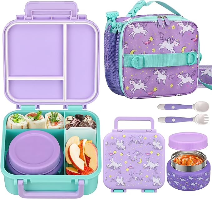 Kids Lunch Box Set with Bento Box, 9oz Stainless Steel Thermos & Insulated Lunch Bag – Hot & Cold Leakproof Lunch Container with Utensils for School & Travel, Purple Set