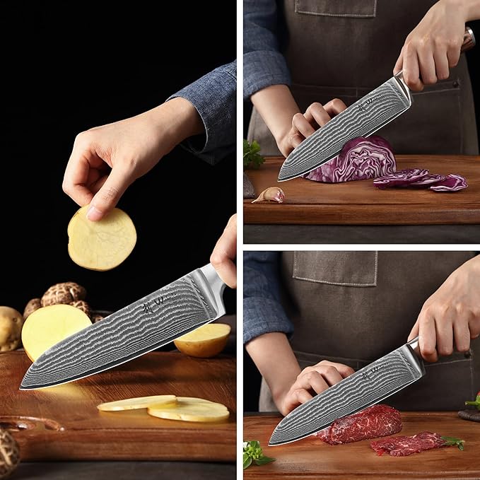Wakoli EDIB 3-Piece Damascus Kitchen Knife Set in Wooden Gift Box – Sharp Knives Set made of Genuine Damascus Steel (VG10 Core) – Santoku, Small Santoku & Paring Knife – Ergonomic Pakkawood Handles