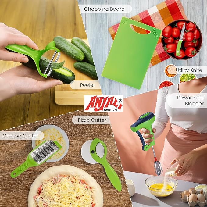 Anjali 6-Piece Multipurpose Kitchen Tool Set – Chopping Board, Cheese Grater, Peeler, 9.4" Utility Knife, Pizza Cutter & Manual Hand Blender | All-in-One Food Prep Kit for Home Kitchen