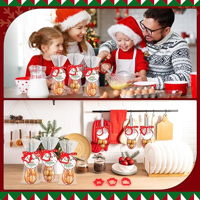12 Sets Christmas Whisk Gifts Include 10 Inch Stainless Steel Silicone Whisk Xmas Hollow Molds Greeting Cards Ribbons for Neighbor Family Friends Baking Cooking Enthusiast Supplies