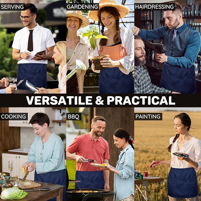 3 Pack Waist Apron with 3 Pockets, Unisex Black Waiter Aprons, Water Resistant Server Aprons for Restaurant Chef Bar