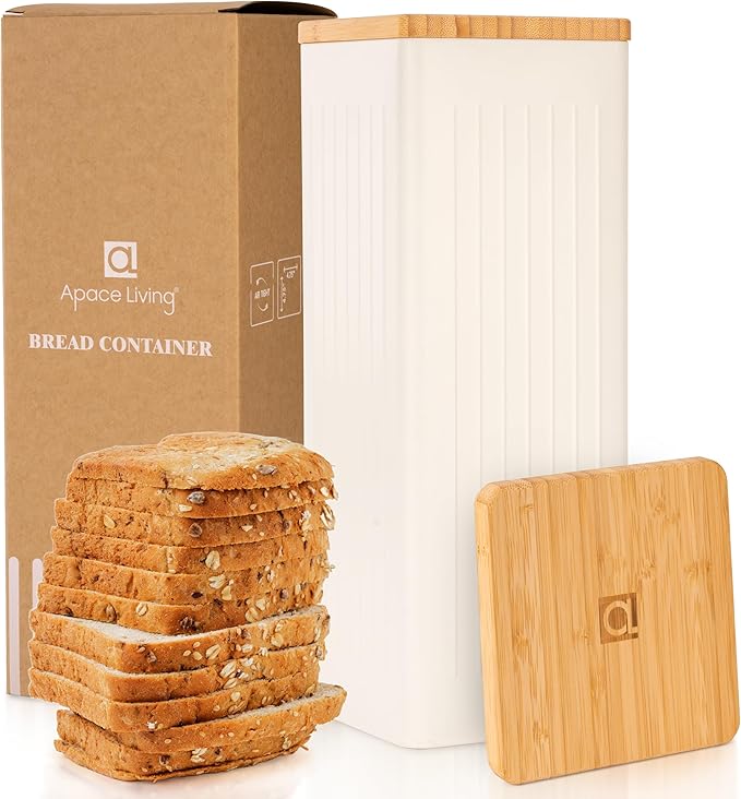 Apace Living FRESHSLICE Bread Container 2.0 | Bread Keeper with Airtight Lid | Metal Bread Box with Bamboo Lid for Homemade Bread, 5 Liter (Creamy White)