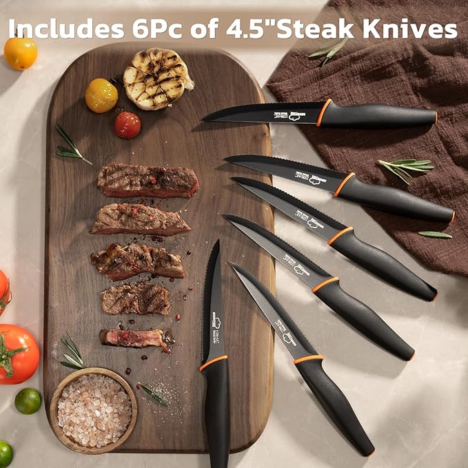 Amorston Knife Set, 22-Piece Kitchen Knife Set with Acrylic Block, Dishwasher Safe with Sharpener, High Carbon Stainless Steel, Anti-slip Ergonomic Handle, Black