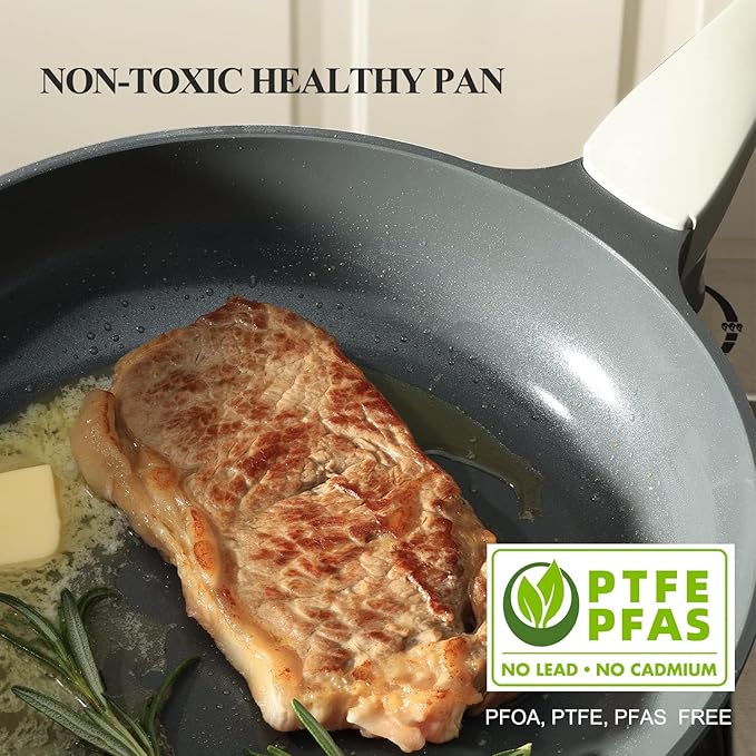 PRICUSIS Nonstick Ceramic Frying Pan with Lid, Non Toxic Skillet, Healthy Egg Pan Nonstick Omelet Pan Chef's Pan, PTFE PFOA & PFAS Free, Induction Compatible (8Inch W/L)