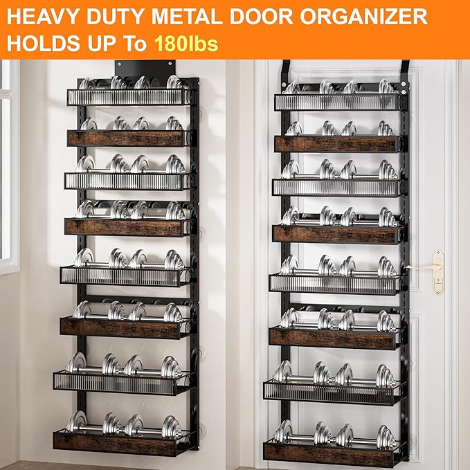 Over The Door Pantry Organizer,8 Tier Spice Rack Wall Mount with Adjustable Basket,Metal Heavy Duty Door Organizer Hanging Storage Shelf for Kitchen Pantry and Bathroom
