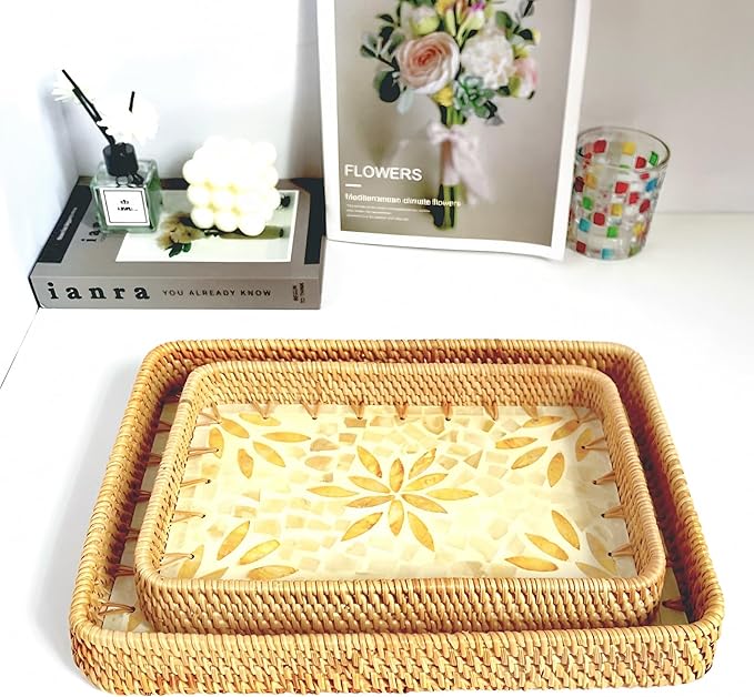 i-lan Set of 2 Rectangle Serving Trays with Mother of Pearl, 13" & 11.5" Woven Rattan Platters for Dining Entertainment, Centerpiece Displays, and Home Decor Accents