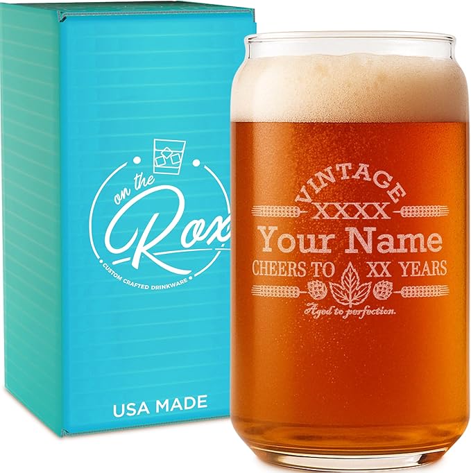 On The Rox Drinks Customized Beer Can Glass - Personalized Birthday Gift - Engraved Vintage Cheers - Aged To PERFECTION - Etched Beer Glass - Barware (1)