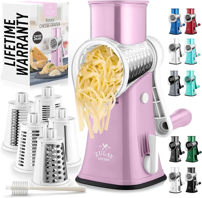 Zulay Kitchen Rotary Cheese Grater 5 Blade Cheese Shredder - Manual Hand Crank Cheese Grater With Reinforced Suction & 5 Interchangeable Drums - Easy to Use, Vegetable Chopper Round Mandoline Slicer