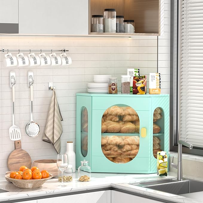 Corner Bread Box for Kitchen Countertop, Large Wooden Bread Box, Double Layer Bread Storage Bin, Bamboo Breadbox for Homemade Bread, Farmhouse Kitchen Organizer with Acrylic Window, Green