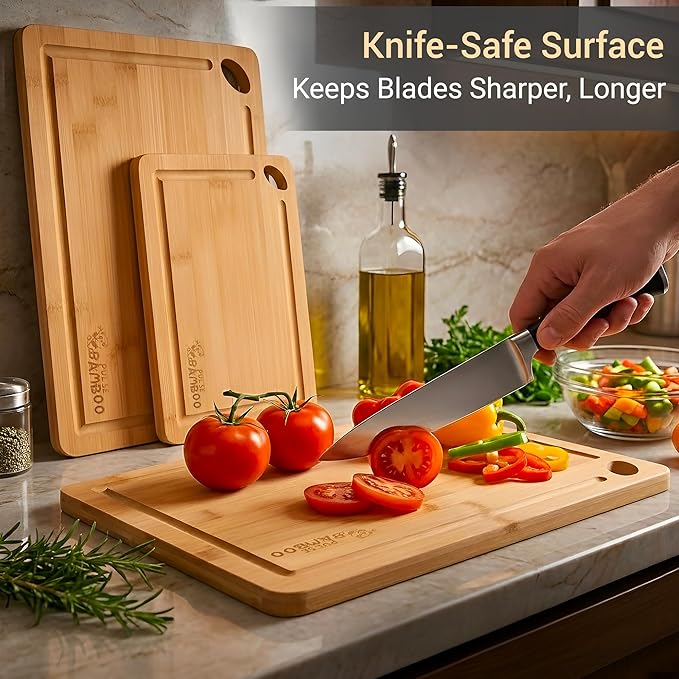 3-Layer Engineered Bamboo Cutting Board Set – Natural Bamboo Chopping Boards with Juice Grooves, Knife-Safe Surface, Anti-Slip Corners, 3-Piece Kitchen Board Set for Meat, Veggies, Cheese