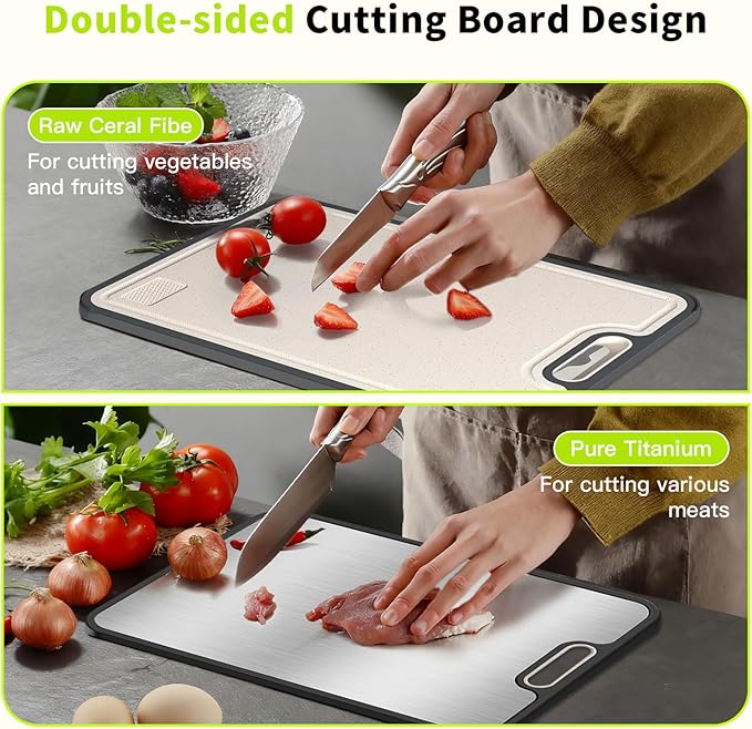 Cutting Boards for Kitchen, 2 in 1 Titanium Cutting Board, Food-Grade Double Sided Pure Titanium & Wheat Straw PP Chopping Board for Meat/Vegetables