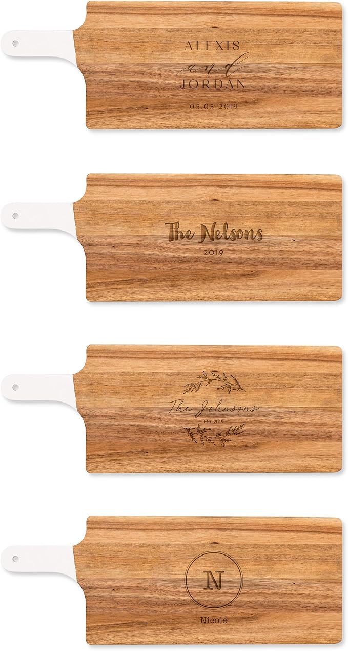 Weddingstar Personalized Wooden Cutting Board or Serving Board with White Handle 7.8" x 21"- Circle Monogram Etching