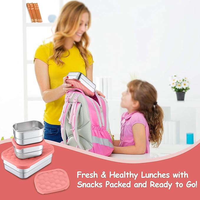 Homikit 3 Pack Kids Lunch Box Set, 18/10 Stainless Steel Bento Boxes with Silicone Lids Leak Proof, 5 Cups Reusable Metal Food Snack Containers for School Daycare, Nontoxic & Dishwasher Safe, Pink