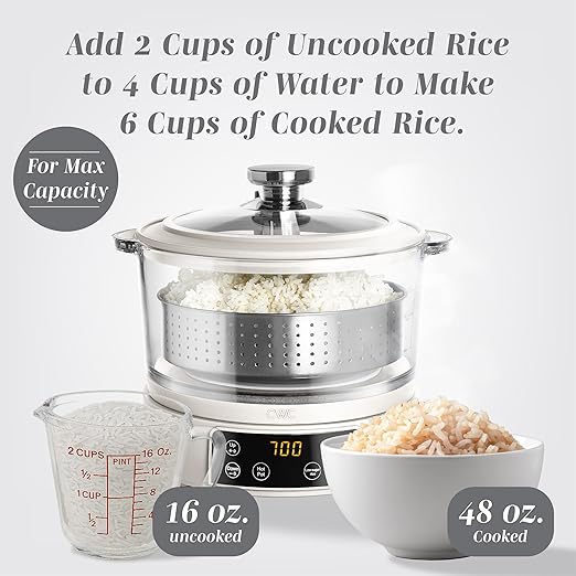 COOK WITH COLOR 3L Glass Mini Low Carb Rice Cooker – Holds 2 Cups Raw/Makes 6 Cups Cooked with Auto Lift Filter Basket, Hotpot & Steamer for Rice, Grains, Digital Panel with Keep Warm, Cream