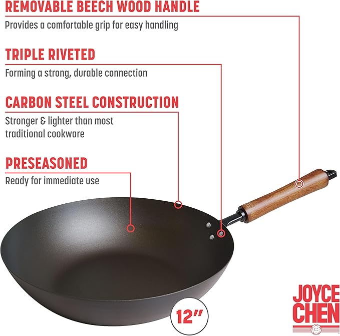 JOYCE CHEN Classic Series 12-Inch Preseasoned Carbon Steel Stir Fry Pan