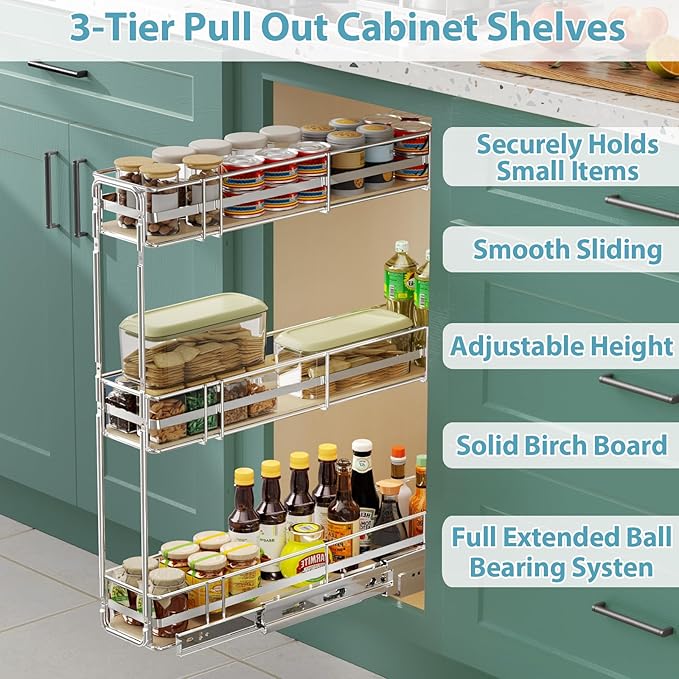 Pull Out Spice Rack Cabinet Organizer 6" W x 20½" D, 3 Tier Heavy Duty Slide Out Wood Shelf for Narrow Cabinet, Pull Out Storage for Kitchen