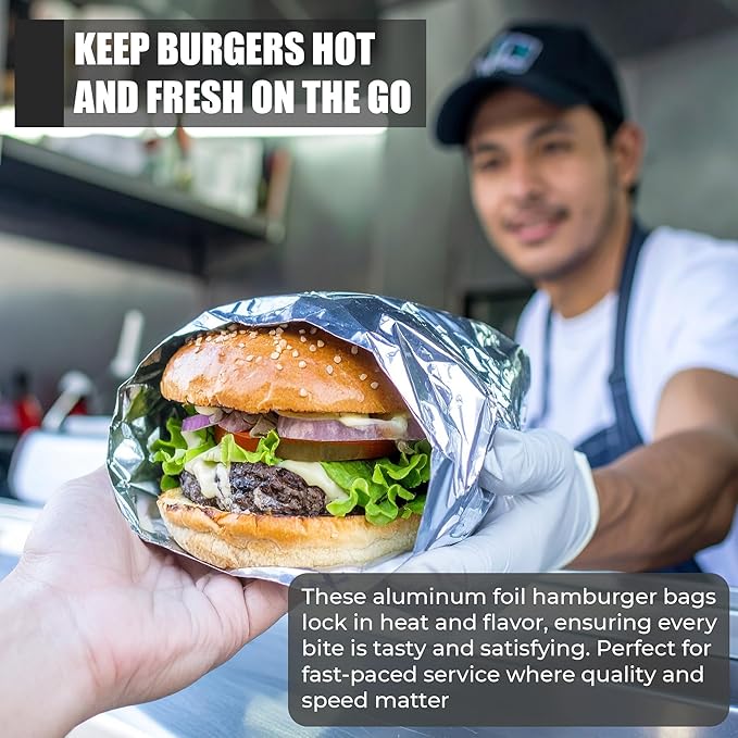 250 Pack Aluminum Foil Hamburger Bags – Grease-Resistant Burger Wrappers for Hot Sandwiches, Paninis, BBQ, Pretzels & More – BPA-Free, Disposable Takeout Food Sleeves by C&S Event Supply Co.