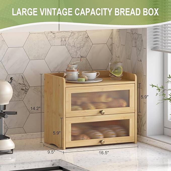 Large Bread Box for Kitchen Countertop Wooden Double Layer Breadbox Organizer with Window Vintage Farmhouse Bread Storage Container for Homemade Bread (Natural Bamboo)