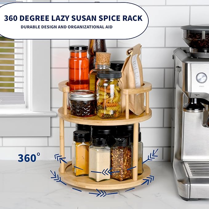 Wooden Rotating Spice Rack - 2 Tier Lazy Susan Turntable Spice Organizer for Countertop & Pantry - Portable & Space-Saving Rotating Storage Rack for Kitchen with 360° Rotating Feature