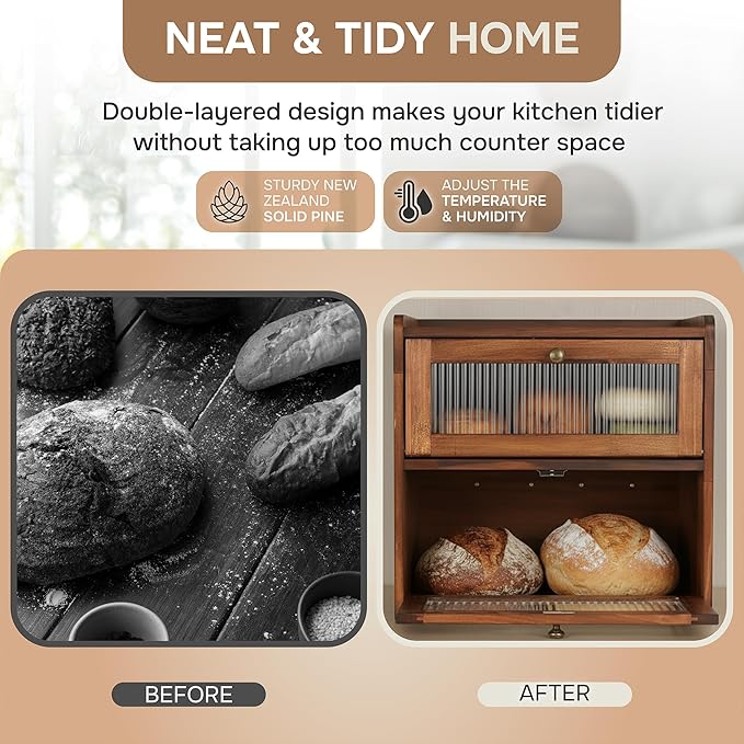 Bread Box for Kitchen Countertop - Wooden 2 Tier Bread Box with 10x Bread Bags and 10x Bread Bag Ties Vintage Breadbox Bread Storage Container Farmhouse Food Organizer Pantry Shelf (Brown)