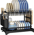 Vallary 2-Tier Dish Drying Rack with Drainboard – Rustproof Steel Kitchen Organizer with Utensil & Cup Holder, Cutting Board & Knife Stand – Space-Saving Countertop Dish Drainer (Black)