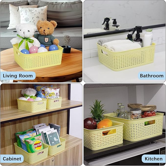 Plastic Storage Baskets for Cabinets, Household Pantry Organization with Handle,Organizer Bins for Room,Bathrooms,Under-Sink,Kitchen (Yellow, S-3PACK)