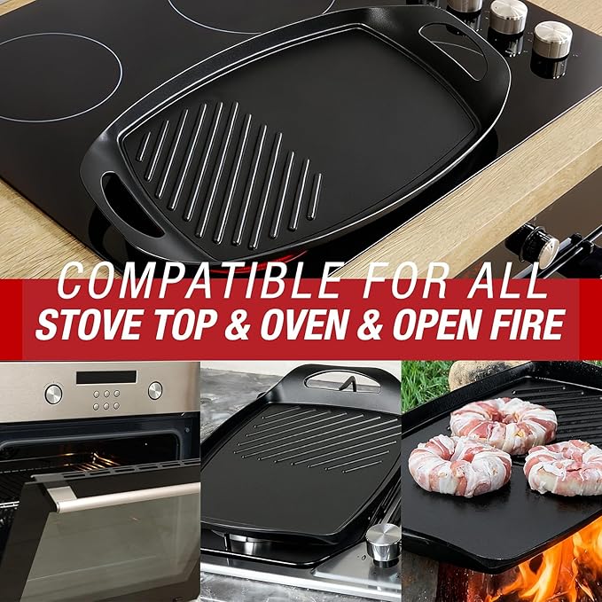 Techwood Dual Burner Griddle Pan – Flat & Grill Sides, PFAS-Free 17"X11" Nonstick Griddle Pan for Indoor/Outdoor Cooking, Dishwasher Safe, Use on Stove, Induction Cooktop, Oven, Campfire, or Gas Grill