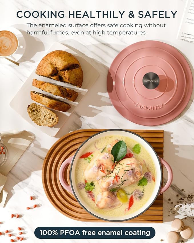 Enameled Cast Iron Dutch Oven - 6QT Dutch Oven Pot with Lid & Cotton Potholders - Heavy-Duty Non Stick Casserole Pot for Braising, Stews, Roasting, Baking, Suitable for All Stovetops, Gentle Pink