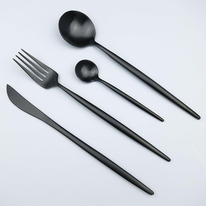 20-Piece 18/10 Stainless Steel Flatware Set, Serive for 4, With Fork Spoons Knife Teaspoon Dessert Fork for Home Kitchen Restaurant Hotel (Luxury Black)