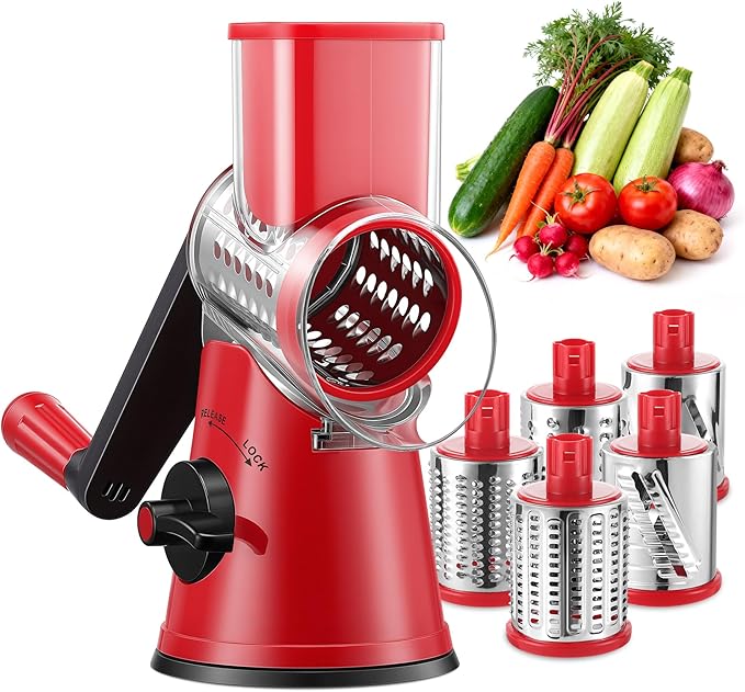 GDL Rotary Cheese Grater Hand Crank with 5 Interchangeable Blades - Upgraded Cheese Shredder Featuring Strong Suction Base for Cheese Shredding, Wavy Slicing, Nut Grinding, Ice Shaving