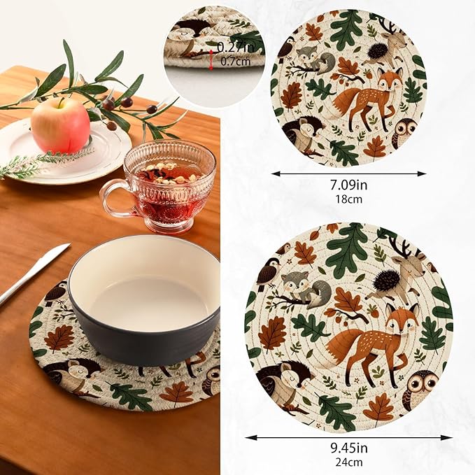 Woodland Leaves Cute Forest Animals Kitchen Trivets Pot Holders Set of 2, Trivets for Hot Pots Dishes Woven Trivet Coaster Pad Mat for Counter