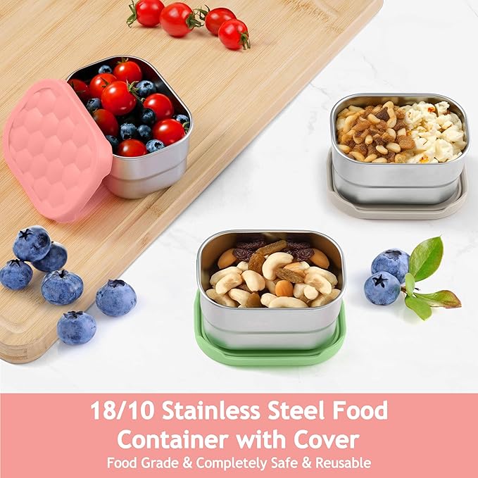 Homikit 3 Pack Snack Containers for Kids, 18/10 Stainless Steel Toddler Lunch Box with Silicone Lids, Reusable Bento Food Container Set for School Daycare, Nontoxic & Leak Proof, Pink/Green/Khaki