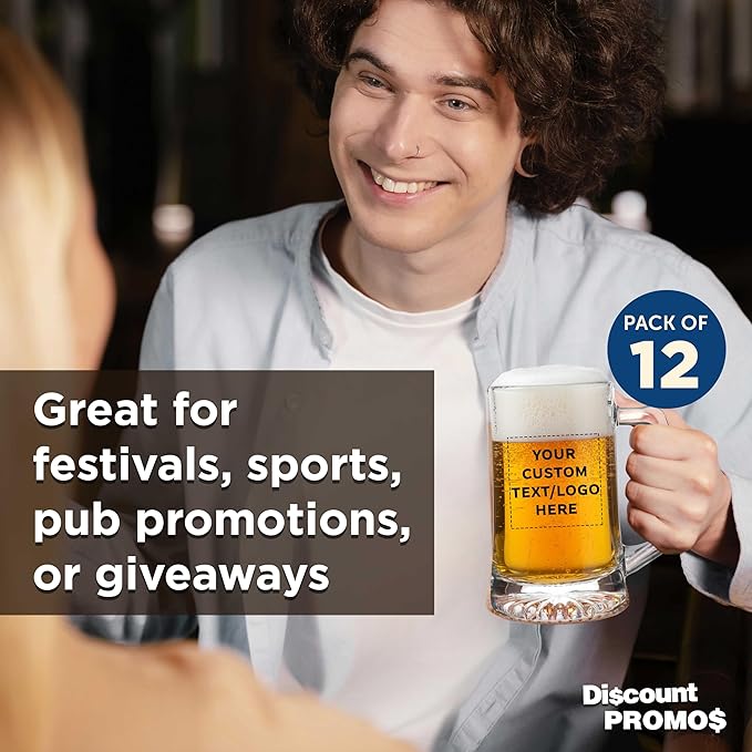 DISCOUNT PROMOS Custom ARC Glass Beer Mugs 25 oz. Set of 12, Personalized Bulk Pack - Great for Octoberfest, Pub, Restaurant - Clear